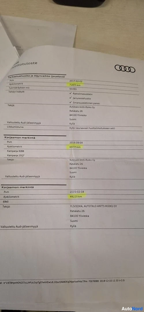 Muu: Audi-huoltotuosteen tuloste, jossa huolto- ja ilmapyynnöt, korjaamon ja konepajan merkinnät sekä lukumäärätietoja.