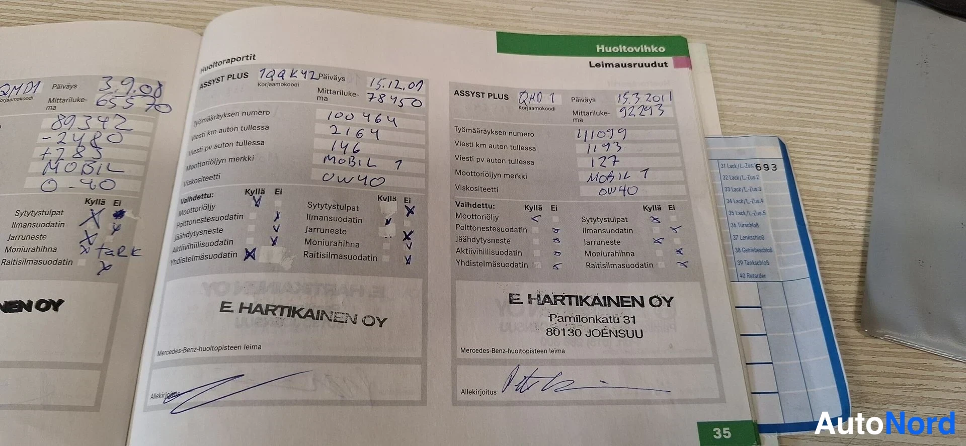 Asiakirja: Avattu Mercedes-Benzin huoltovihko, jossa käsinkirjoitettuja huoltoraportteja Assyst Plus -sivuilta, huolto ym. merkintöjä E. Hartikainen OY:lta Joensuusta.