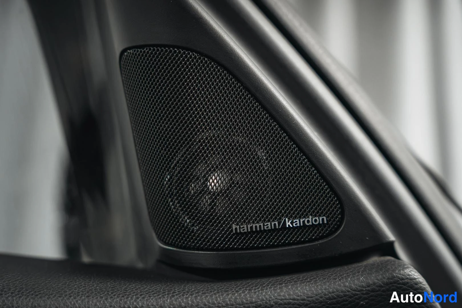 Muu: Lähikuva auton lukuvalon tai tilan kaiuttimesta, jonka verkkokalvossa lukee harman/kardon.