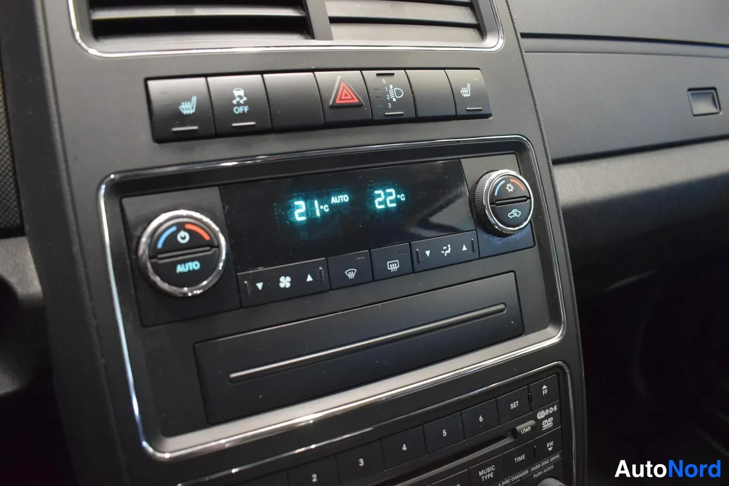 Yksityiskohta: Sisätila: kaksivyöhyke-automaattinen ilmastointipaneeli, näytössä 21 °C AUTO ja 22 °C.