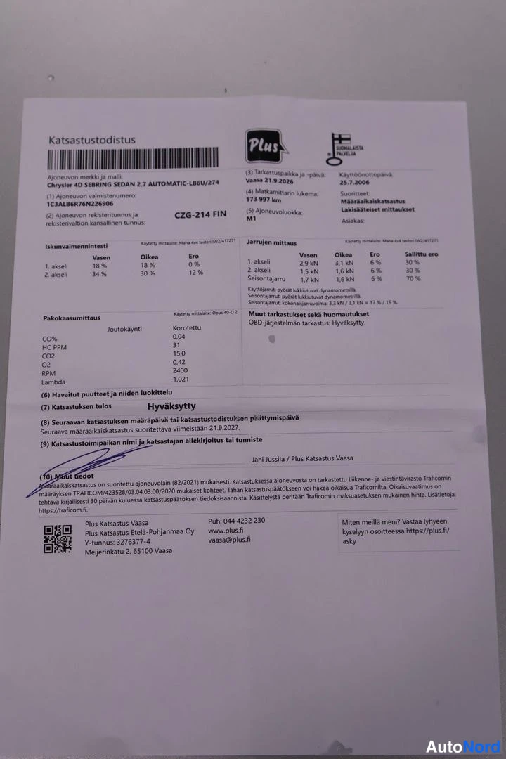 Yksityiskohta: Katsastustodistus Chrysler 42 SEBRING SEDAN 2.7 AUTOMATIC 184EU2/234, rekisteritunnus, käytetty 25.7.2026 Vaasassa, tuloksena Hyväksytty.