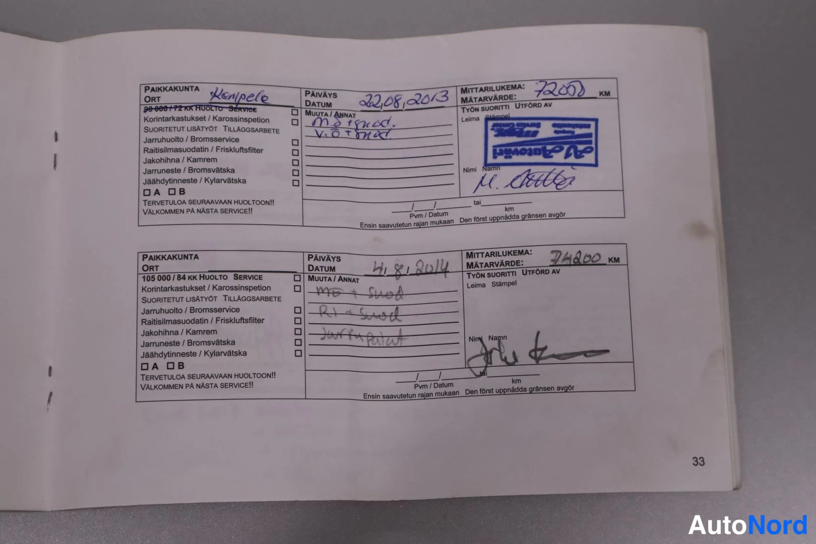 Asiakirja: Huoltokirjan sivu 33: huoltomerkinnät pvm 22.08.2013 (mittarilukema 72222 km) ja 4.8.2014 (74800 km).