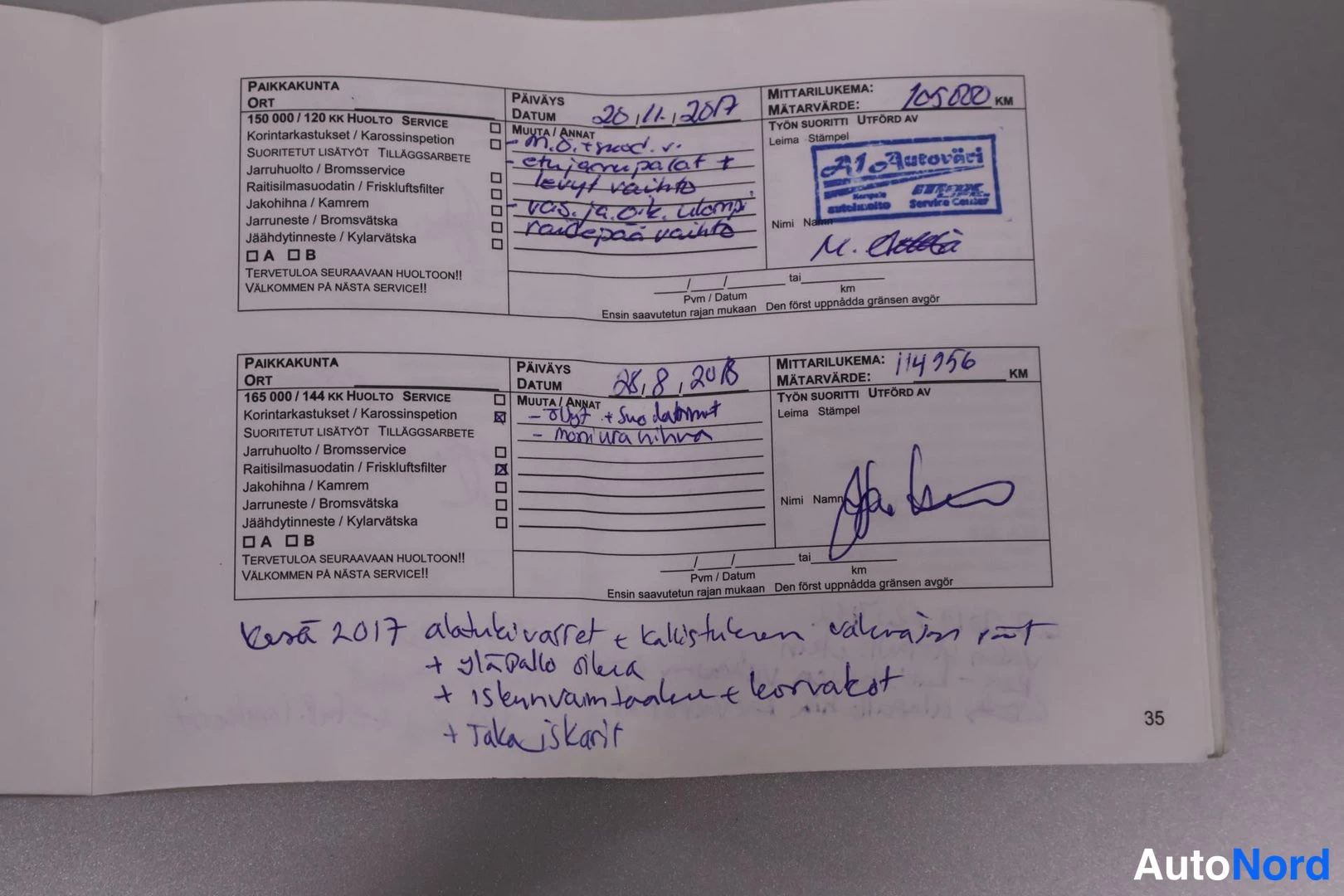 Asiakirja: Huoltokirjan sivu 35: huoltomerkinnät pvm 28.11.2017 (105000 km) ja 28.8.2018 (114256 km), sekä käsin kirjoitetut muistiinpanot.