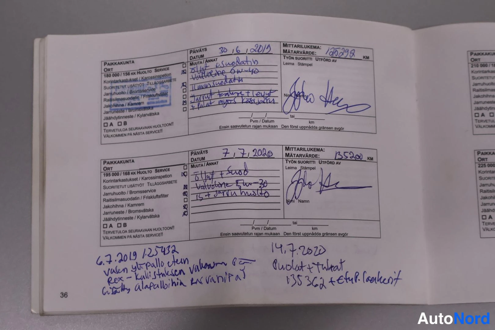 Asiakirja: Huoltokirjan sivu 36: huoltomerkinnät pvm 30.6.2019 (128398 km) ja 7.7.2020 (135200 km), sekä käsin kirjoitettuja muistiinpanoja.