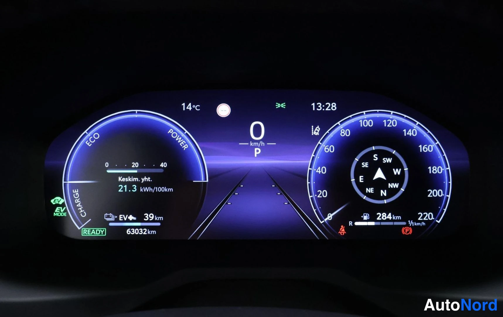 Muu: Digitaalinen mittaristo: 0 km/h, vaihde P, kulutus 21,3 kWh/100km, matka 63032 km ja polttoainetila 284 km.