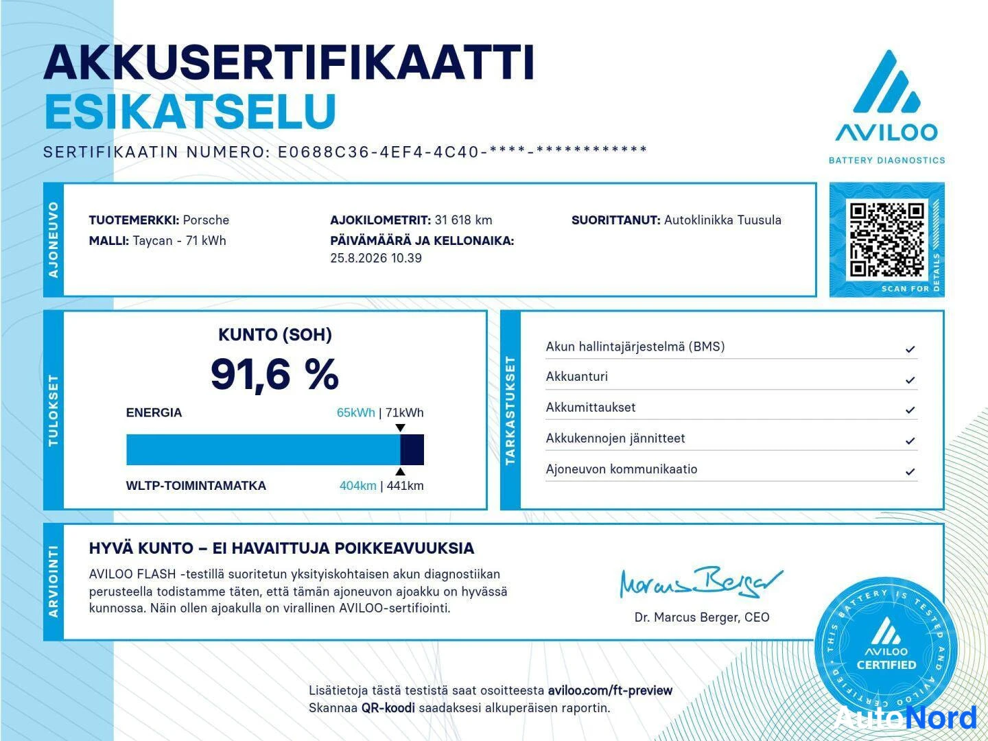 Asiakirja: AVILOO-akkusertifikaatin esikatselu: Porsche Taycan 71 kWh, ajokilometrit 31 618 km, akun kunto (SOH) 91,6 %, energia 65/71 kWh, WLTP-toimintamatka 404/441 km,