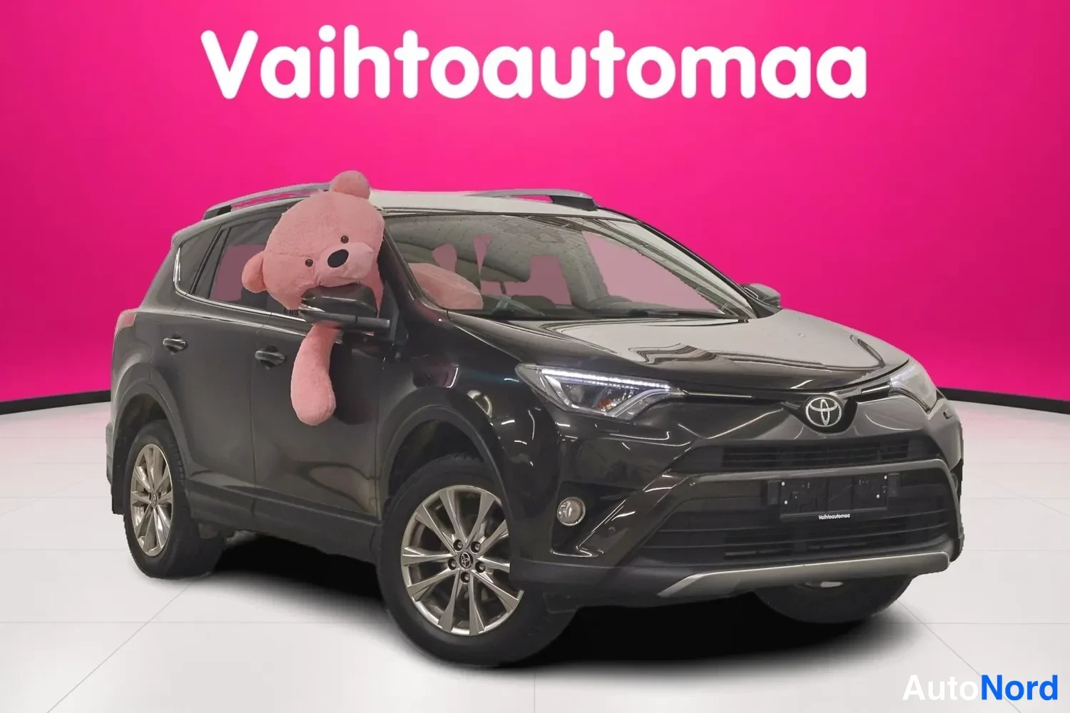 Etuviisto, nokka oikealle: Mustanruskea Toyota RAV4 etuosa kolmesta neljänneskuvakulmasta, keulan osoittaessa oikealle, suuressa pehmoeläimessä kuljettajan oven ikkunassa.