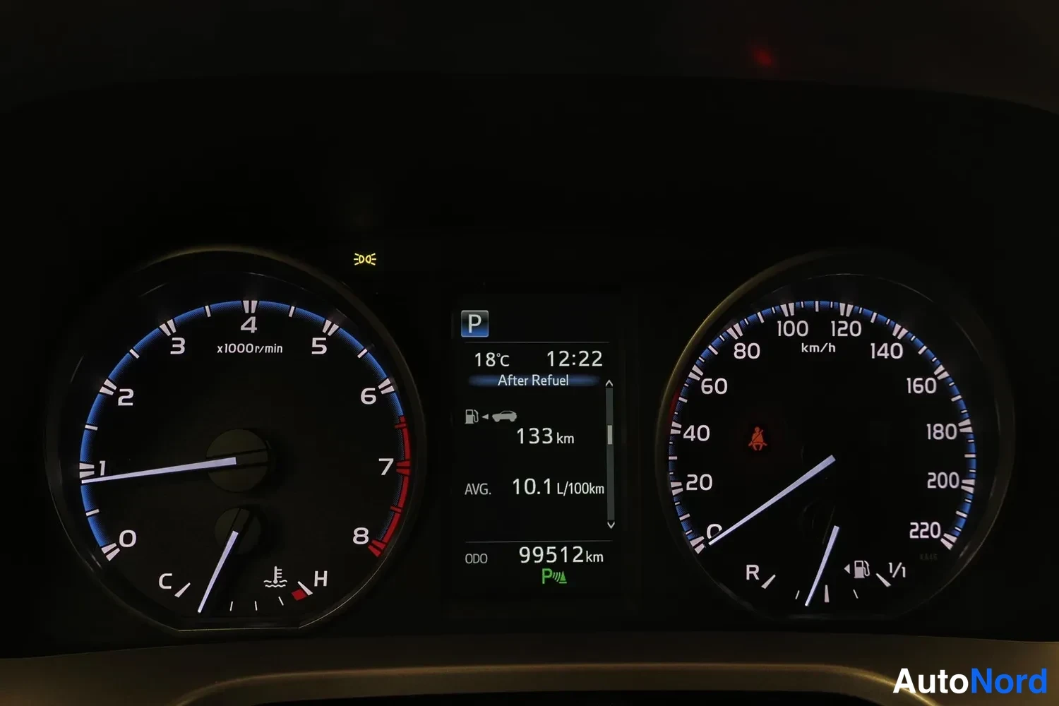 Yksityiskohta: Ajovalot symboli näkyvissä; Toyota RAV4 -mittaristo, jonka keskinäytössä lukemat 18 °C, kello 12:22, 133 km, keskiarvo 10,1 l/100 km ja ODO 99512 km. Nopeusmitt