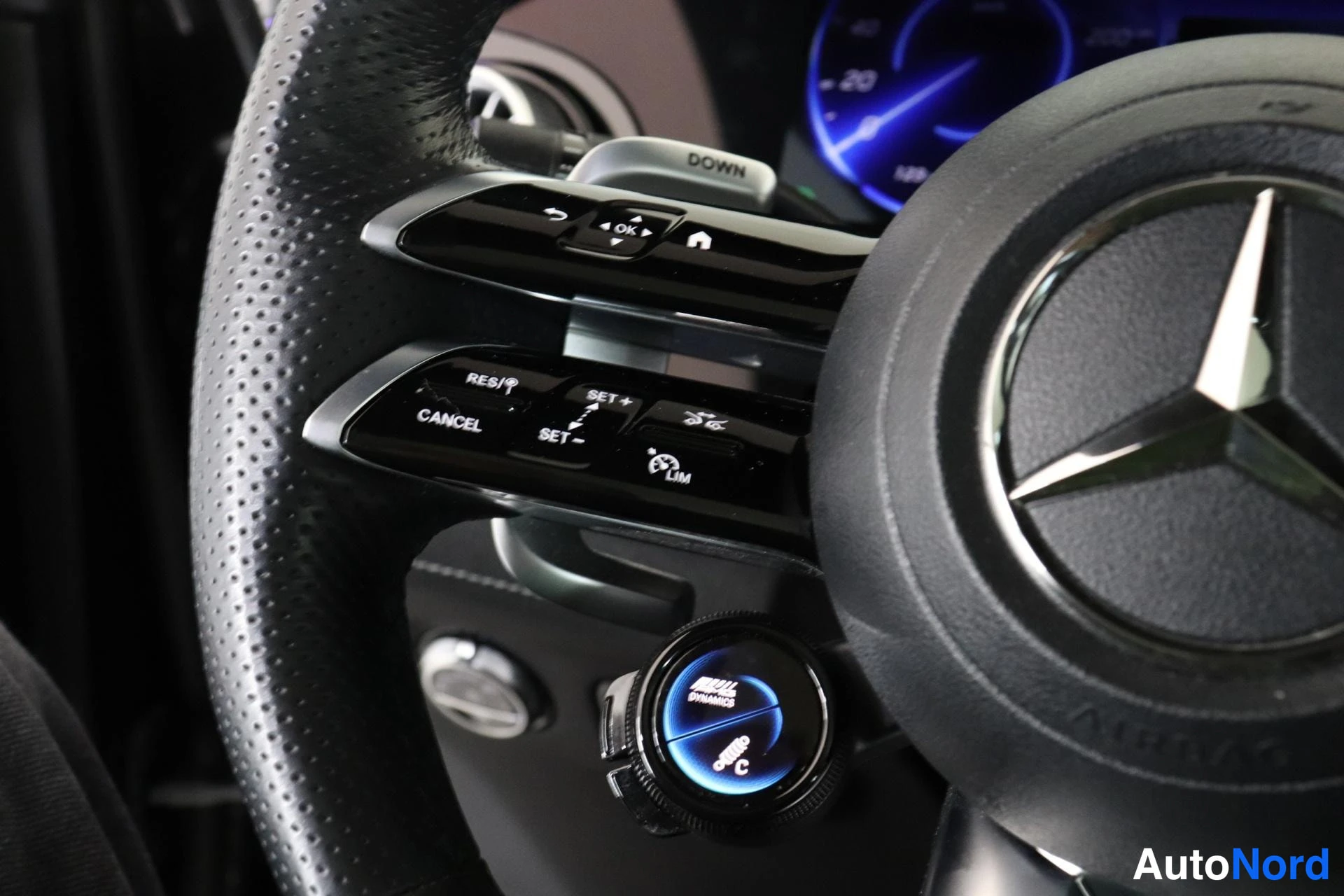 Yksityiskohta: Ohjauspyörän vasemmanpuoleiset säätöpinnikkeet: cruise control (RES/, SET+/SET-, CANCEL) ja ohjaimen pyöritysvalikko (DOWN). Takavaihteet on näkyvissä.