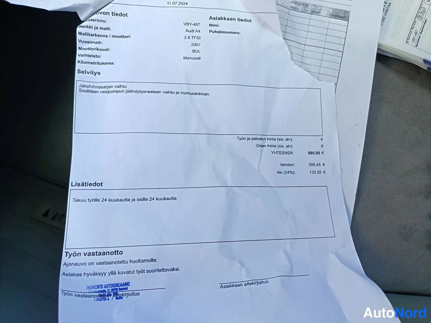 Muu: Autokorjaamon työlomake 11.07.2024, Audi A4 2.0 TFSI, reknsvaihtotyö yhteensä 690,00 €.
