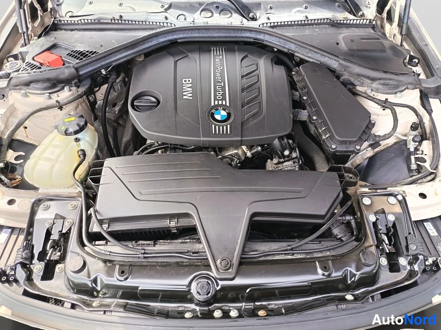 Muu: Moottoritilan ylänäkymä: BMW TwinPower Turbo -merkintä moottorin suojakuoressa, jätsäiliö ja akun pluskansi punaisella.
