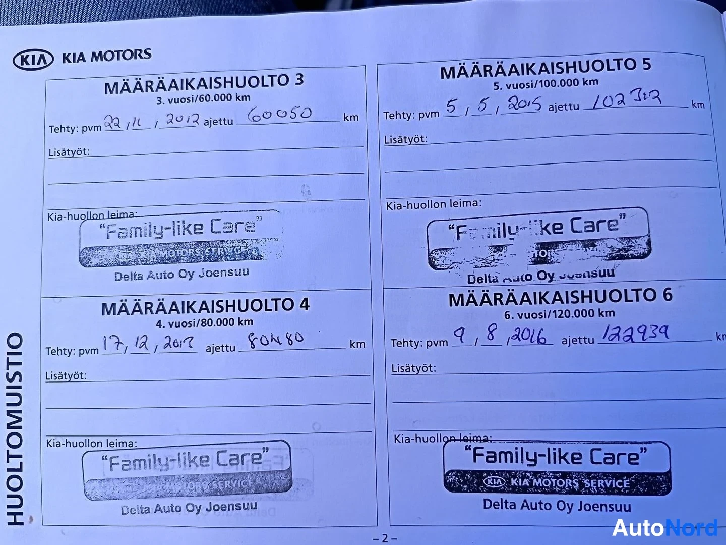 Asiakirja: Kia-huoltokirjan sivu: määräaikaishuollot 3–6, ajetut mittarilukemat 60050 km, 80480 km, 102703 km ja 122939 km, leimat Delta Auto Oy Joensuu.