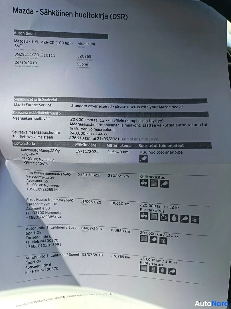 Yksityiskohta: Mazda - Sähköinen huoltokirja (DSR) - Auton tiedot: Mazda3 1.6L MZR-CD (109 hp) SMT, VIN JMZBL14Y201210111, LCZ765, rek. 26/10/2010 Suomi, sekä huoltohistoria 2