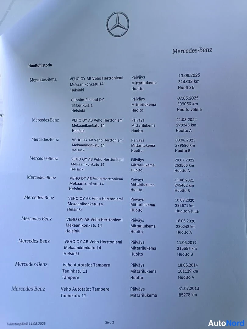 Asiakirja: Mercedes-Benzin huoltohistoria-asiakirja, jossa listattu huoltoja vuosilta 2013–2025 mittarilukemilla 85 278–314 338 km.