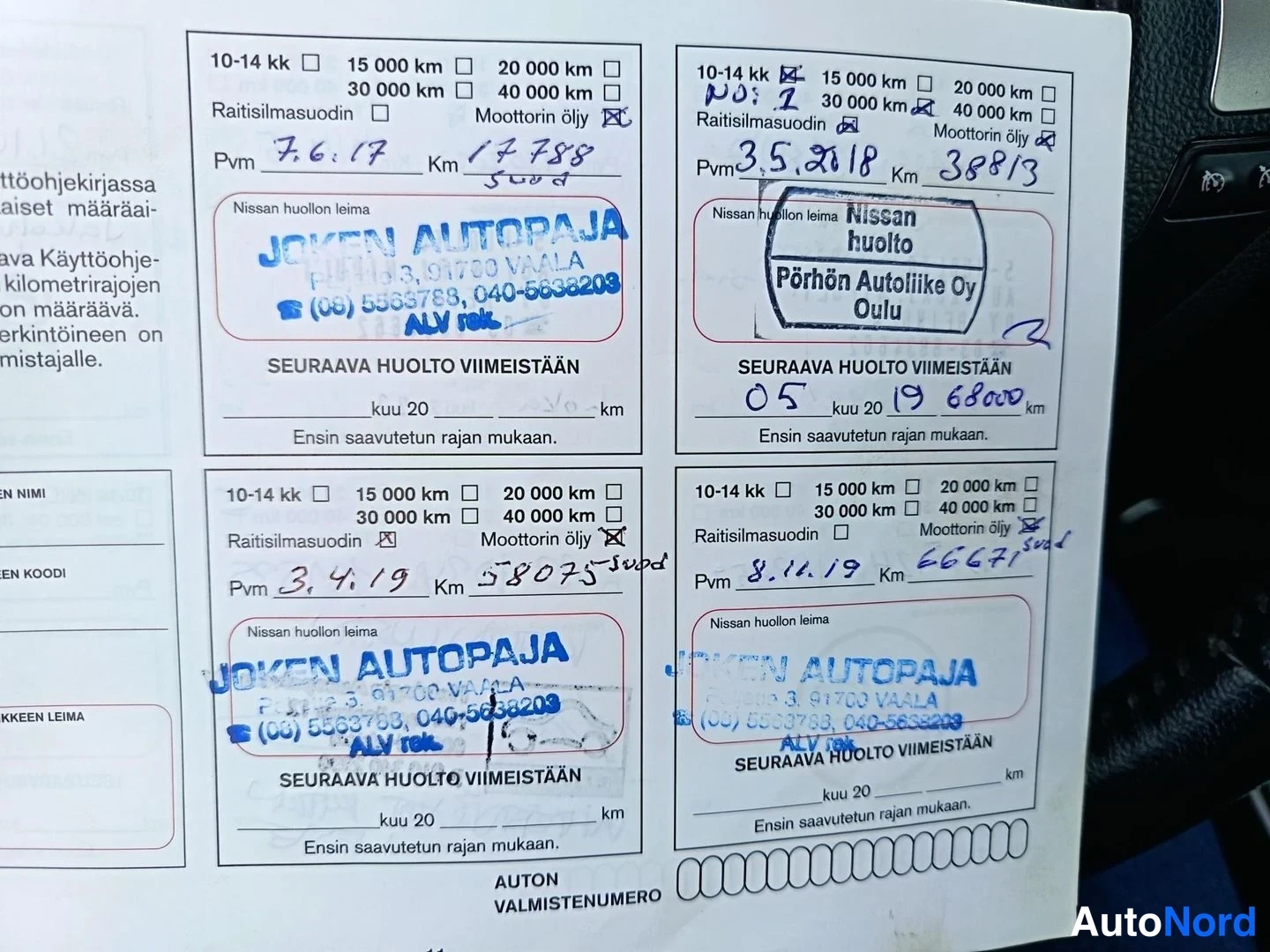 Muu: Huolto-ohjelmiston huoltosivut neljällä leimalla, viimeisin huolto 8.11.19 km 66675