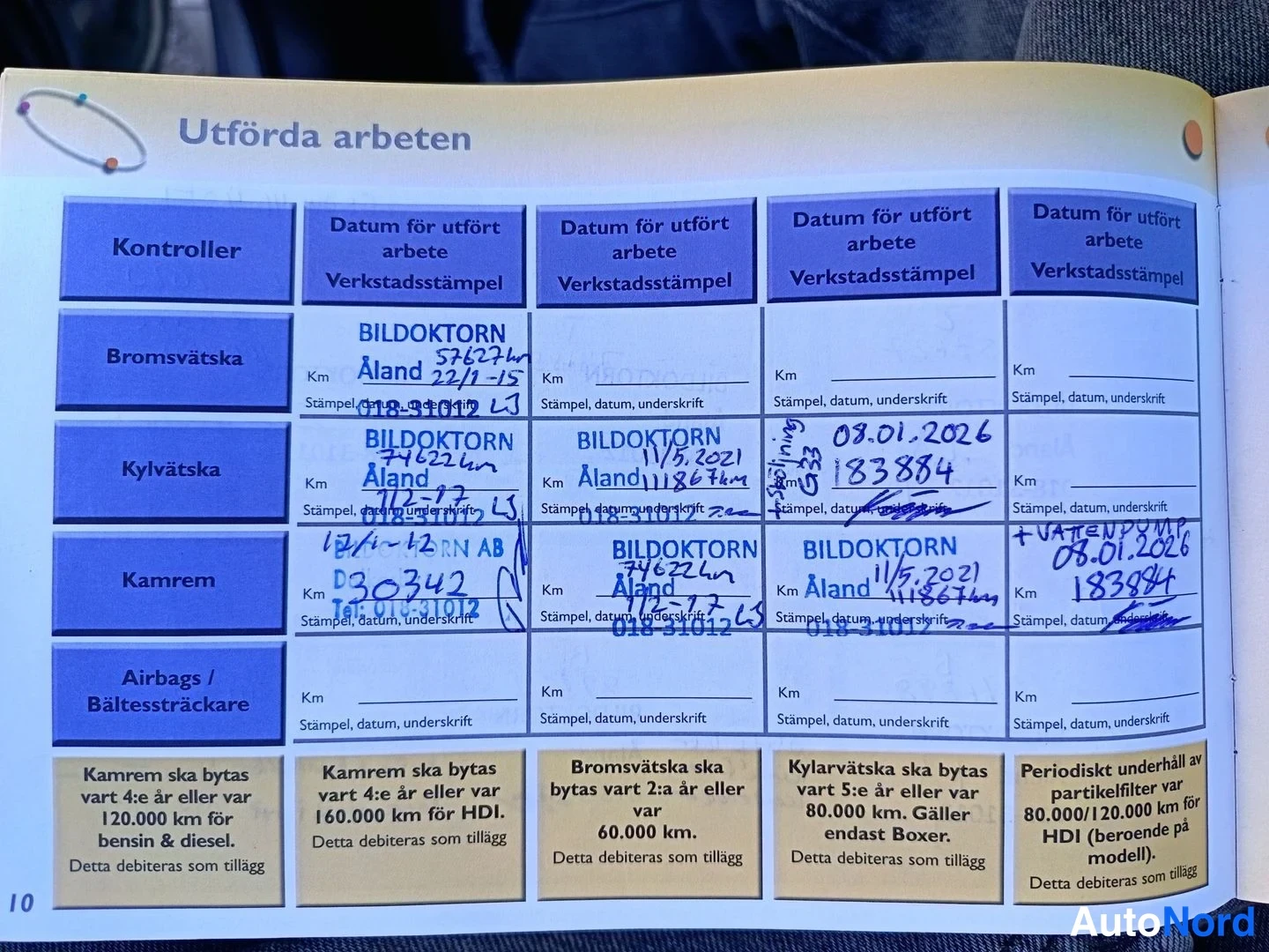 Yksityiskohta: Huoltokirjan Utfordra arbeten -sivu, jossa meritintä vaihtoja, hammashihnan vaihto ja ilmastointisuodattimien vaihtot leimoilla 2015–2026.