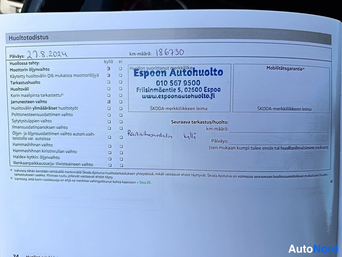 Asiakirja: Vuosi 2013 Skoda Octavia Huoltotodistus. Päiväys: 27.8.2024. Kilometrimäärä: 186730. Huoltajan nimi: Espoon Autohuolto