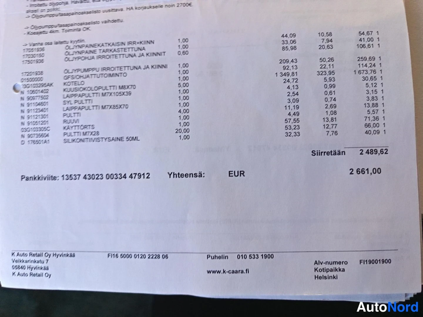 Yksityiskohta: K Auto Retail Oy 服务发票，列有零件和人工费，总计 2 661.00 欧元。