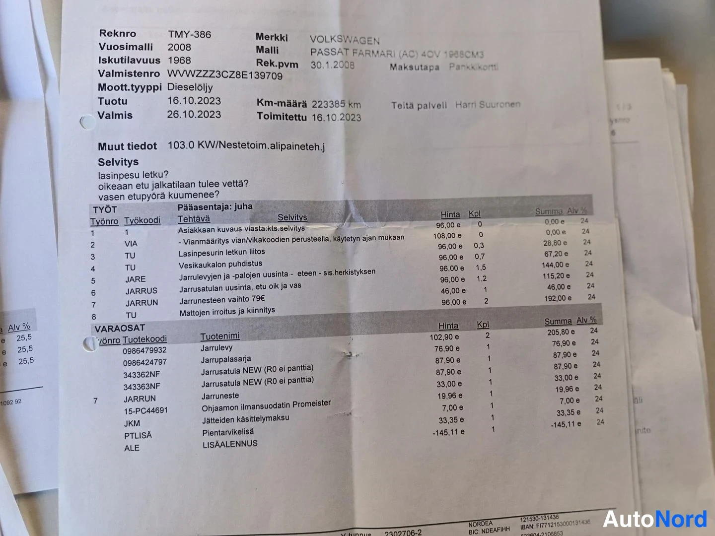 Muu: Vianmääritys- ja korjauslasku passat-farmarista: rekisteri, korjauksia jarruihin, lasinpesulinjaan ja mattojen irrotukseen