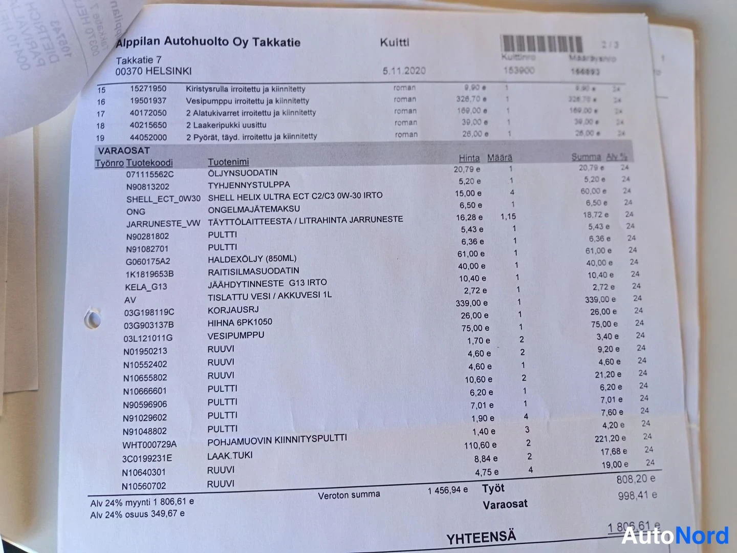 Muu: Alppilan Autohuolto Oy:n kuitti 5.11.2020 huoltotöistä ja varaosista, yhteensä 1 806,61 euroa