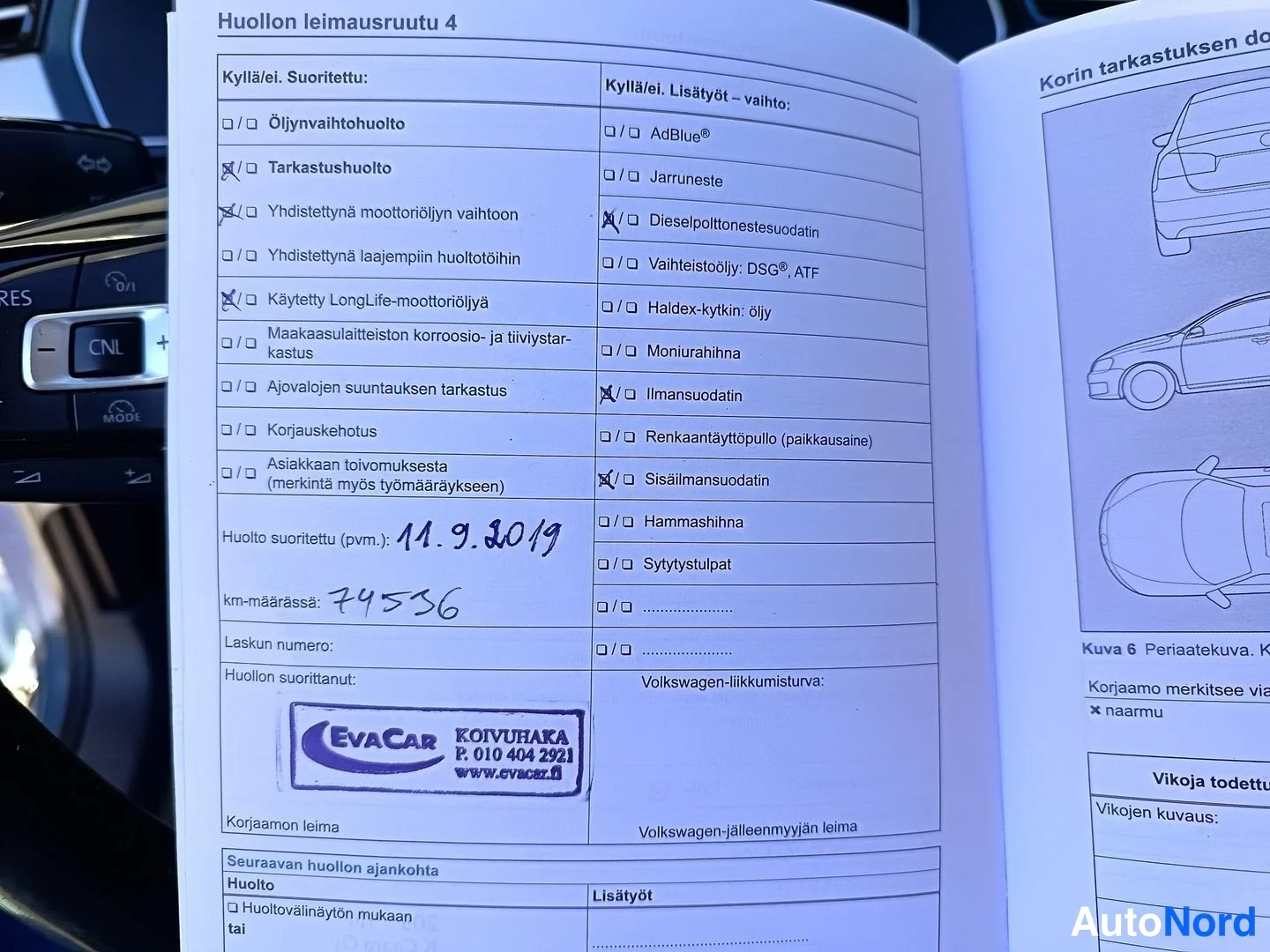 Asiakirja: Huolto-ohjelman sivu Huollon leimausruutu 4, käsin merkittynä tarkastushuolto 11.9.2019, km 74536