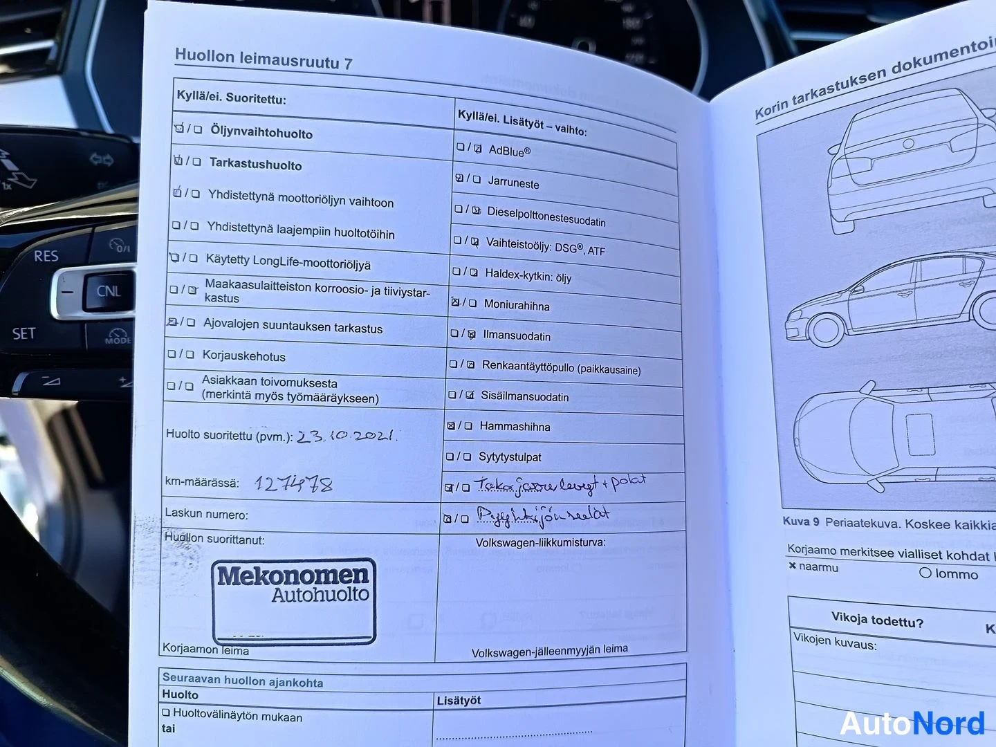 Muu: Volkswagenin huolto-ongelmaa: huollon leimausruutu 7, jonka Mekonomin Autohuolto on leimannut 23.10.2021, km-määrä 127478.