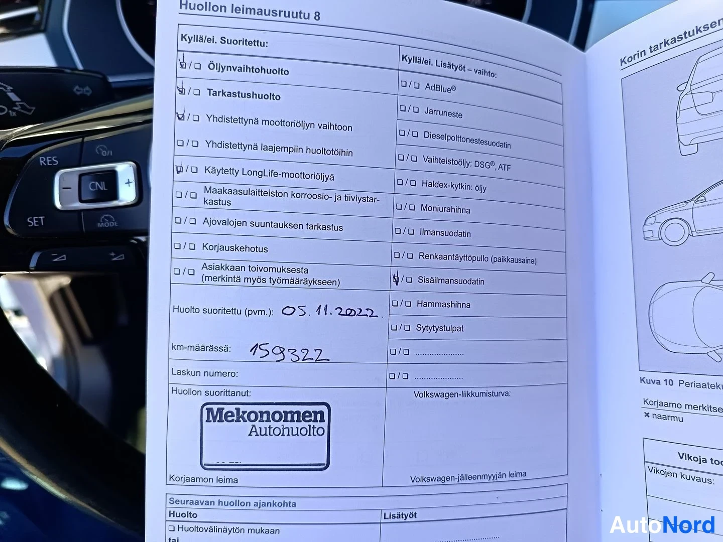 Muu: Volkswagenin huolto-ongelmaa: huollon leimausruutu 8, jonka Mekonomin Autohuolto on leimannut 05.11.2022, km-määrä 159322.