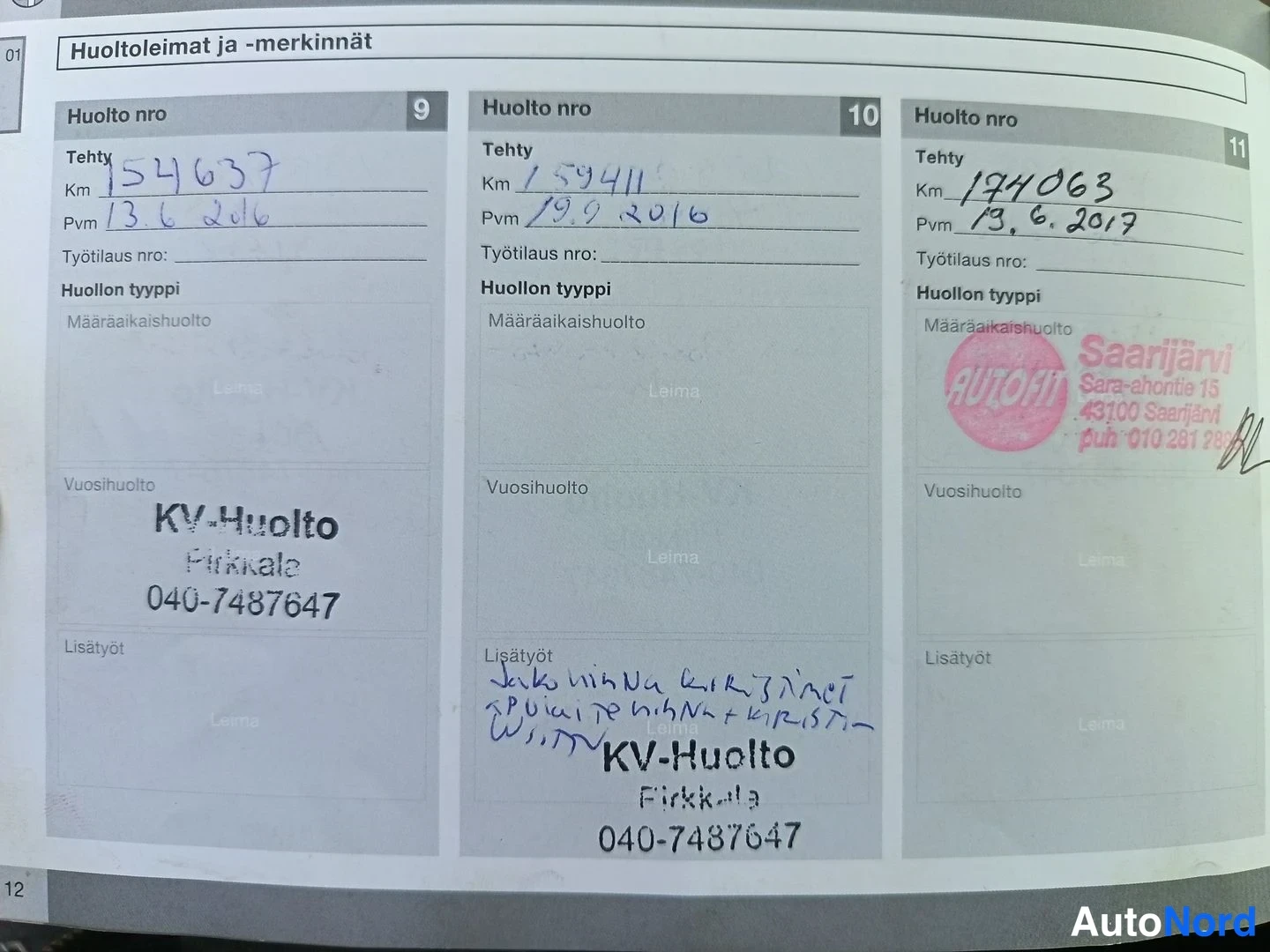 Asiakirja: Service book page with three service entries: numbers 9, 10 and 11. Entry 9 shows mileage 154637 km dated 13.6.2016. Entry 10 shows mileage 159411 km dated 19.9