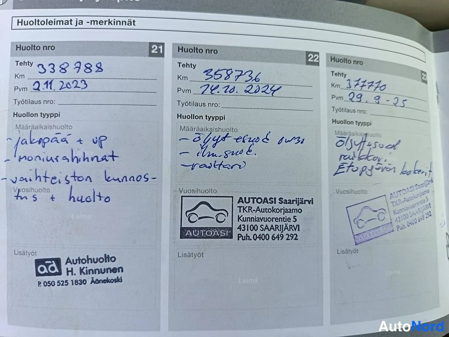 Asiakirja: Paljon huoltomerkkejä ja -merkintöjä sisältävä asiakirja, jossa on käsin kirjoitettuja tietoja. Vasemmassa sarakkeessa lukee 'Tehty 338988', päivämäärä '2.11.20