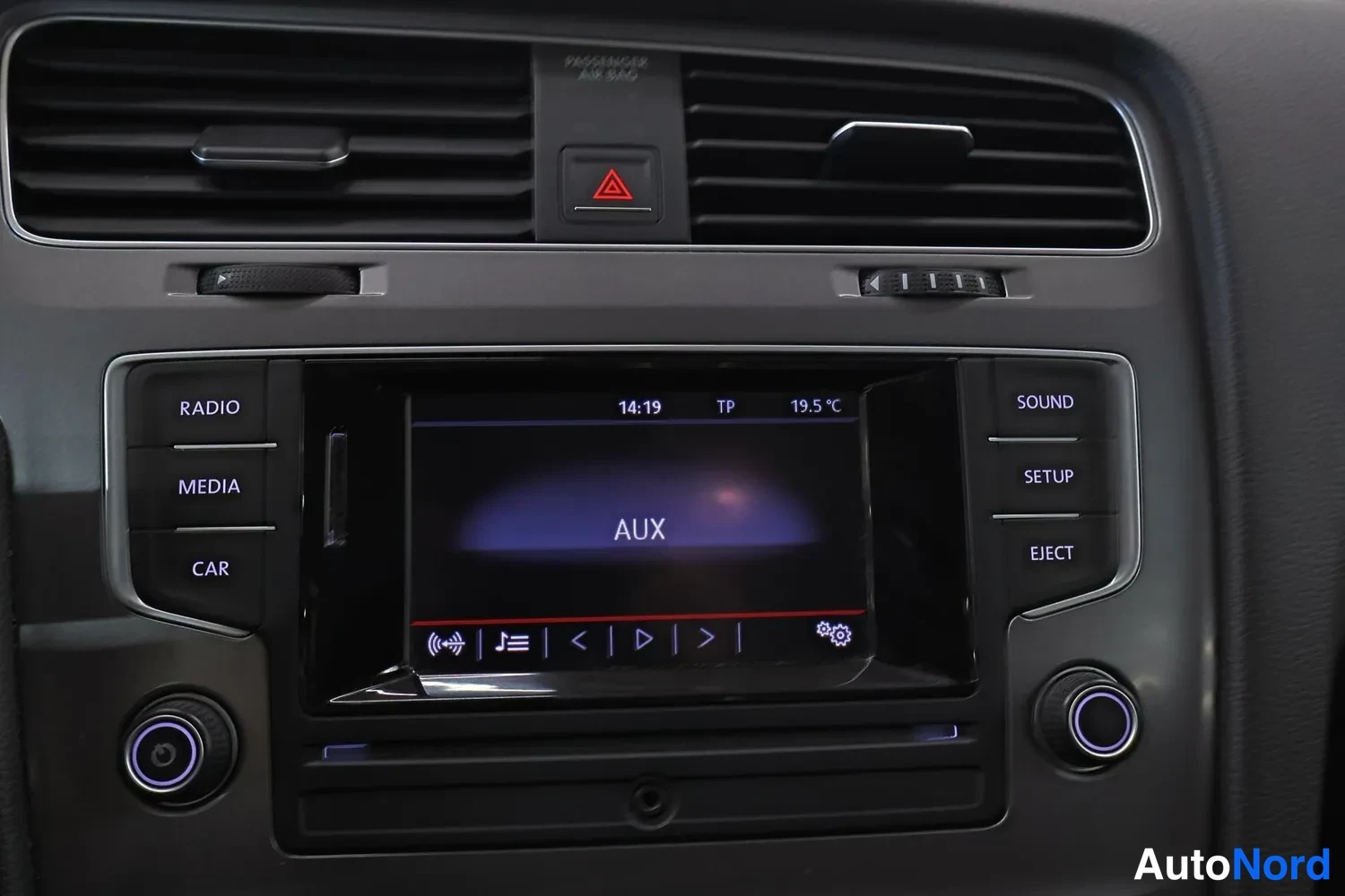 Ohjaamo: Infotainment unit centered on AUX input mode, flanked by buttons for RADIO, MEDIA, CAR, SOUND, SETUP, and EJECT.