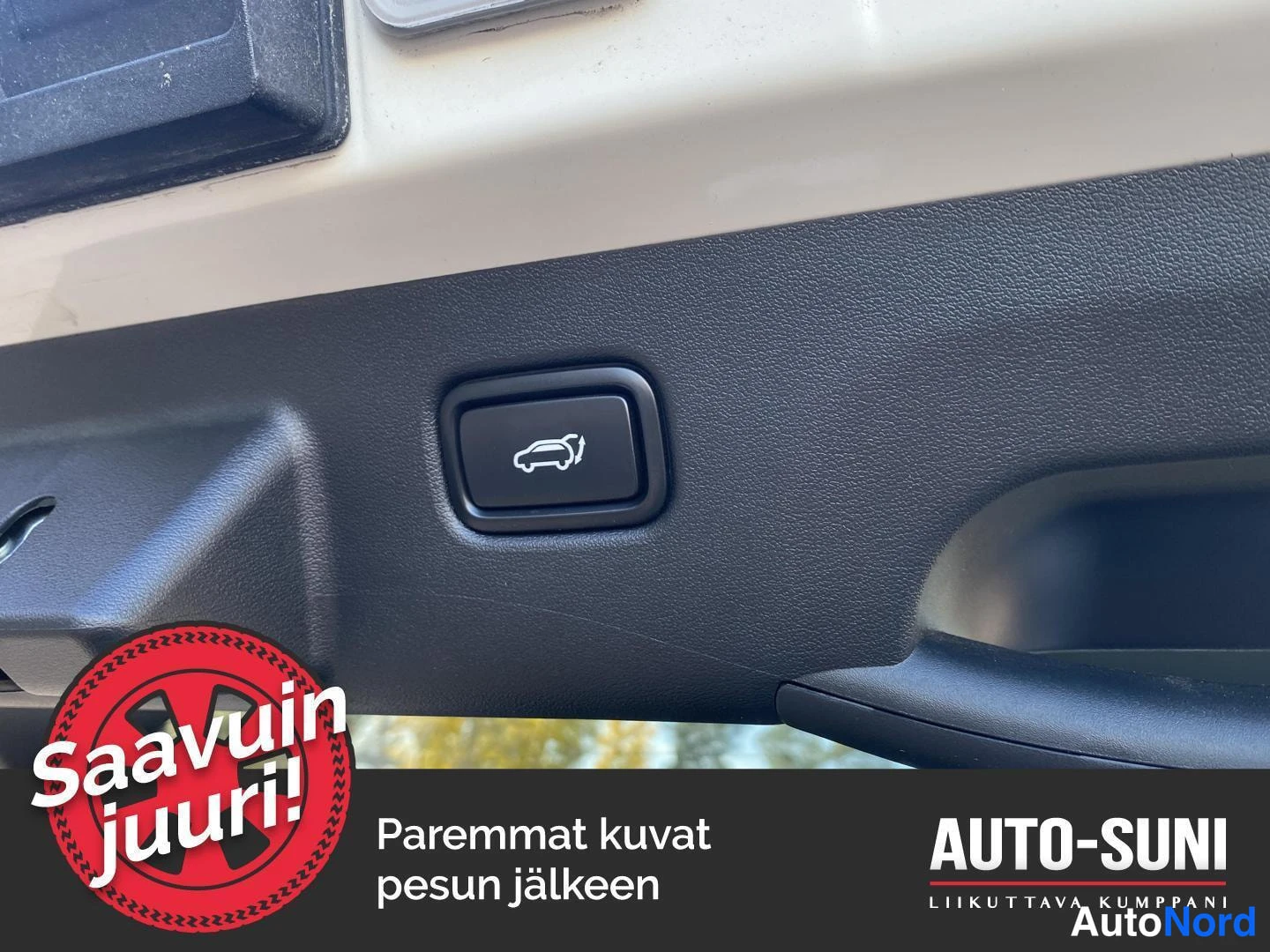 Yksityiskohta: Lähikuva tavaratilan luukun sisäpaneelissa olevasta painikkeesta, jonka kuvio esittää autoa avoimella tavaratilan luukulla.