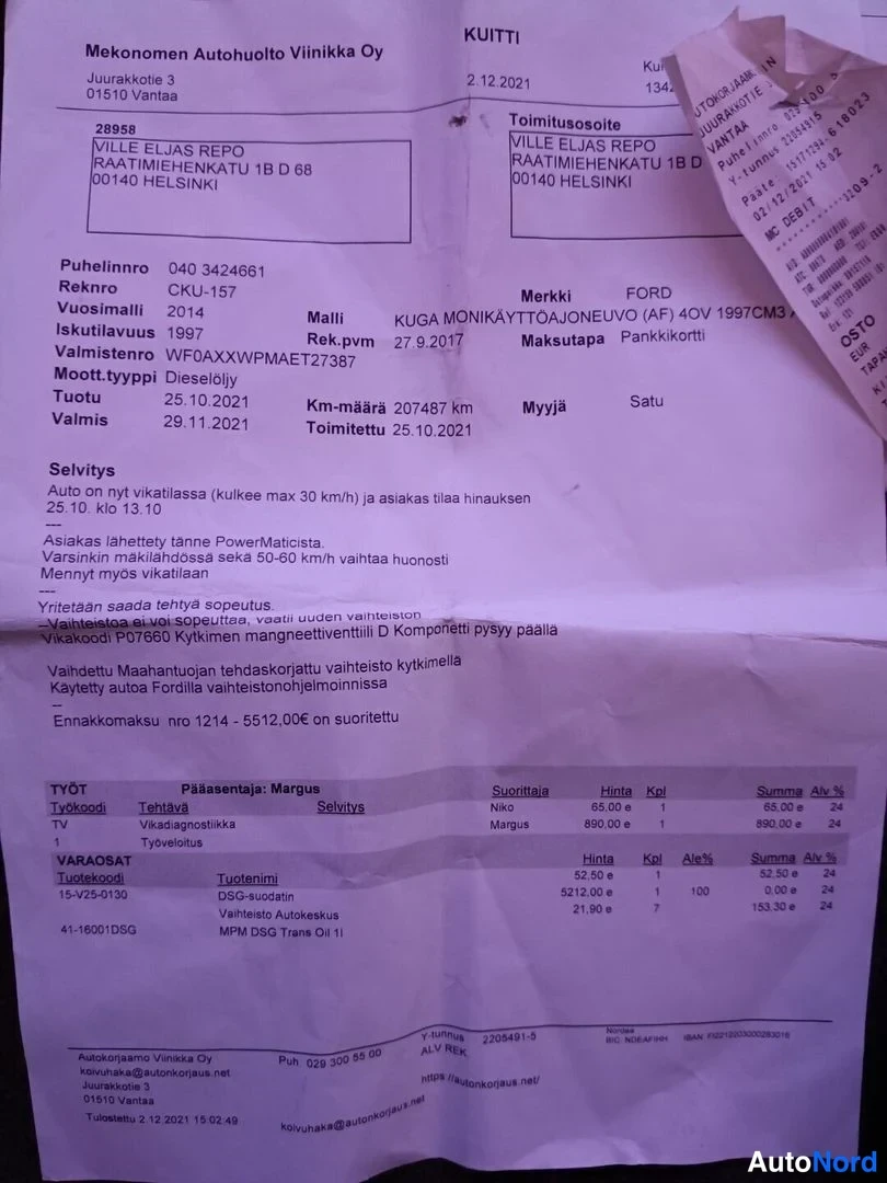 Muu: Huoltokuitin kuva (2.12.2021), jossa ajoneuvon tiedot ja suoritetut työt.