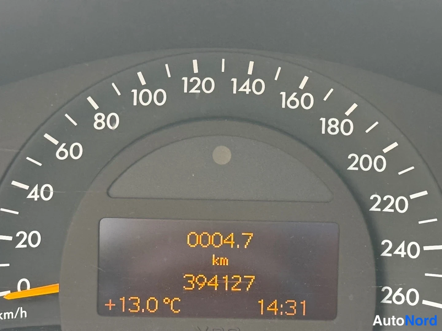 Yksityiskohta: Speedometrin close-up, näytössä 394127 km ja kello 14:31