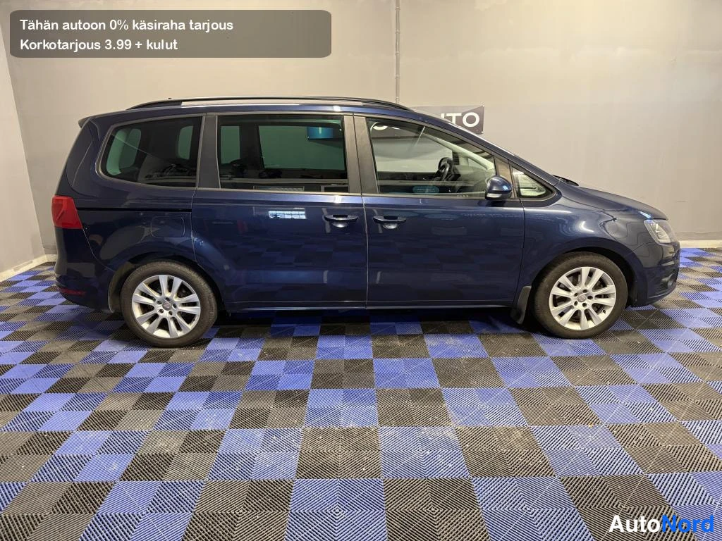 Sivulta: Sininen tila-auto sivulta kuvattuna sisätiloissa ruutumallisella lattialla.