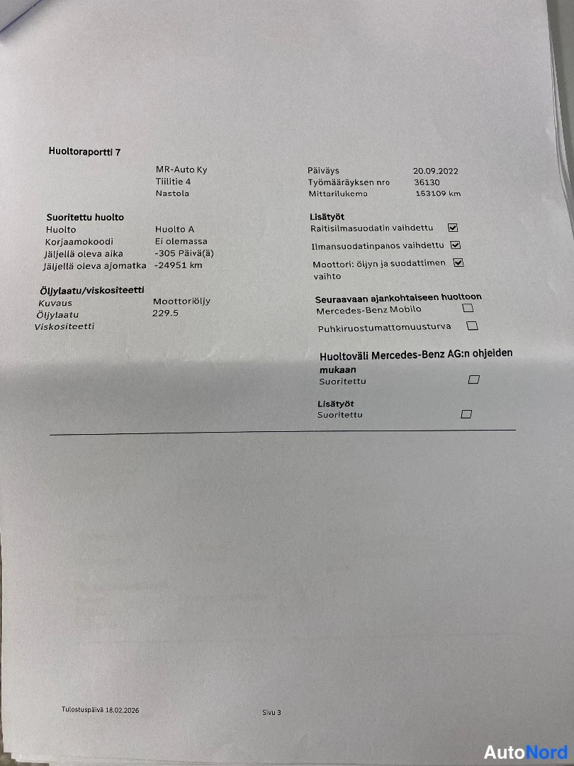 Asiakirja: Toinen huoltokirjasivusta. Näkyvissä on MR-Auto Ky, osoitteella Tillitie 4 Nastola. Päivämäärä 20.09.2022, mittarilukema 153104 km. Huolto A ja lisätyöt Raitiil