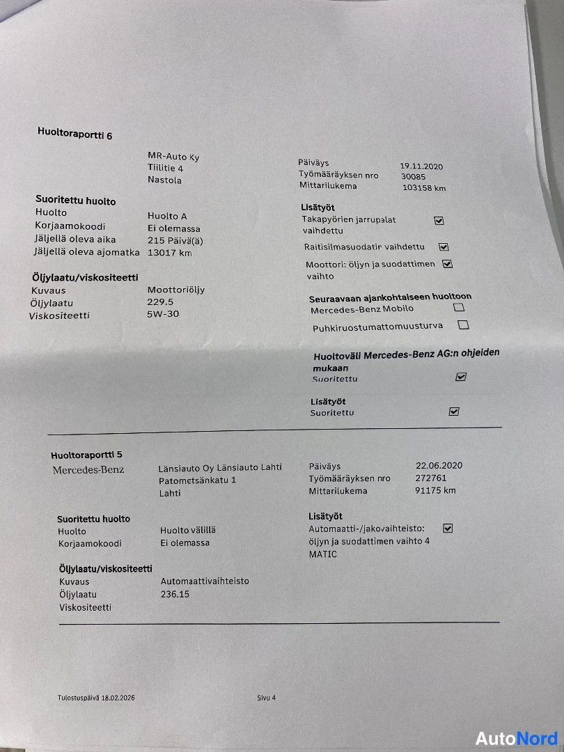 Asiakirja: Sivu sisältää kaksi osaa huoltokirjaa. Huoltoraportti 6 (MR-Auto Ky, 19.11.2020, mittari 103158 km) ja Huoltoraportti 5 (Mercedes-Benz / Länsiauto Lahti, 22.06.