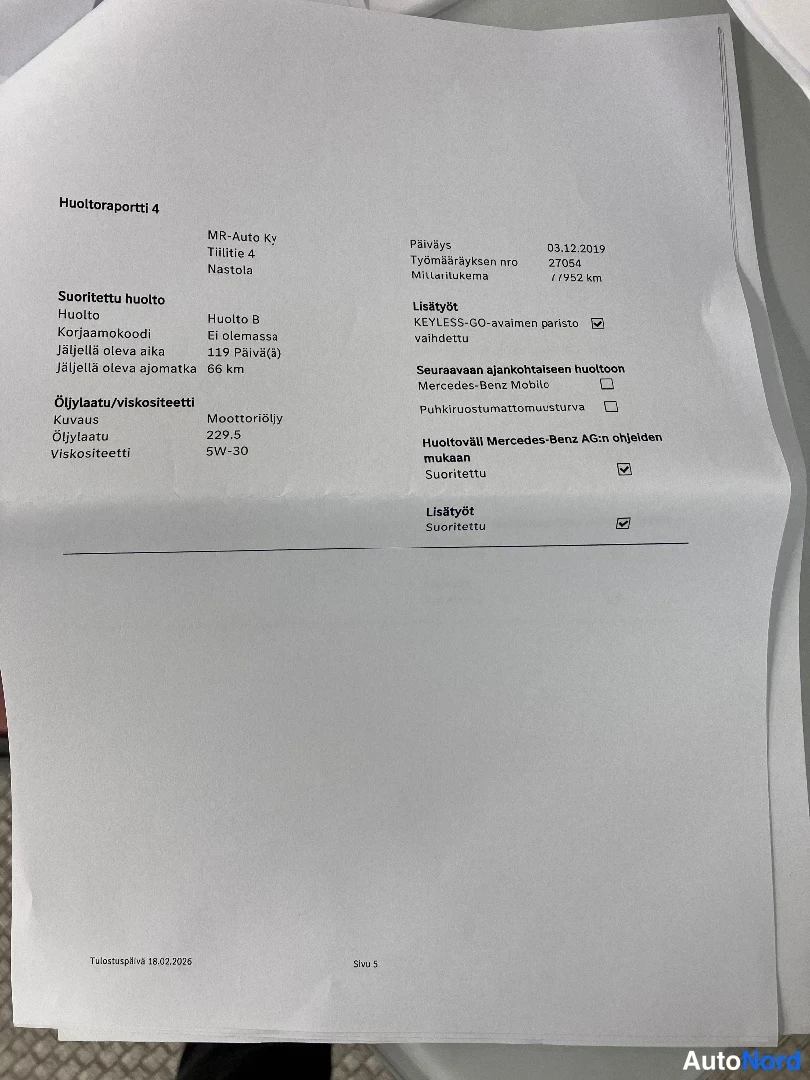 Asiakirja: Huoltoraportti 4 (MR-Auto Ky, 03.12.2019, mittari 77952 km). Huolto B. Lisäys KEYLESS-GO-avaimen pariston vaihto (rastitettuna). Öljyllaatu 229.5, viskositeetti