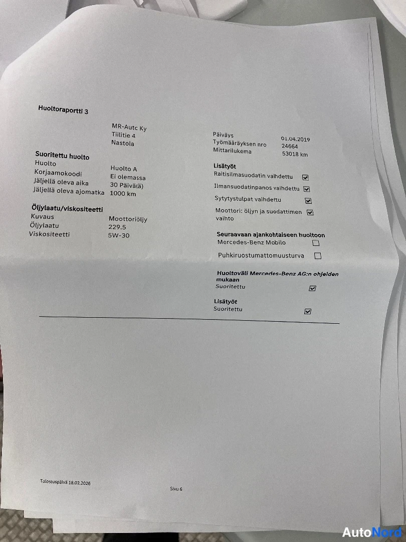 Asiakirja: Huoltoraportti 3 -asiakirja MR-Auto Ky:ltä, huolto 01.04.2019 mittarilukema 53019 km.