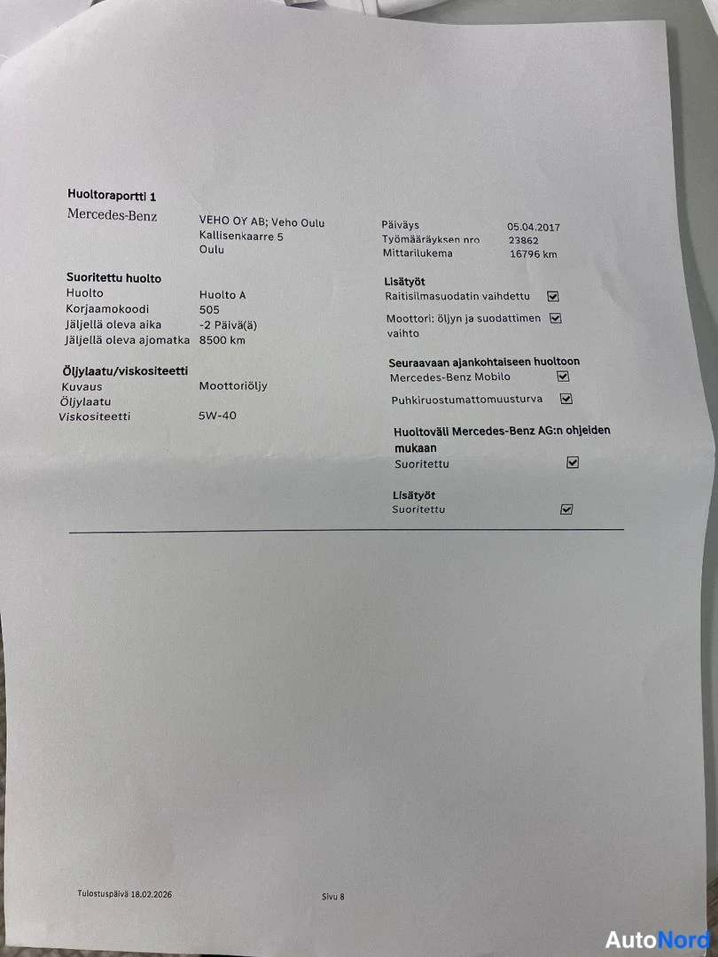 Asiakirja: Huoltoraportti 1 Mercedes-Benz:lle, Veho OY AB Veho Oulu, huolto 05.04.2017 mittarilukema 18796 km.