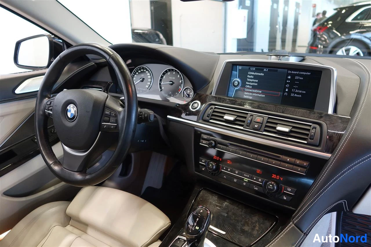 Muu: Ohjaamon näkymä: BMW-ohjauspyörä, analogiset mittarit, näyttö, jossa viimeisen matkan tiedot 17,3 l/100 km ja 32,4 km, sekä kaksivyöhykeilmastointi 20,0 °C.