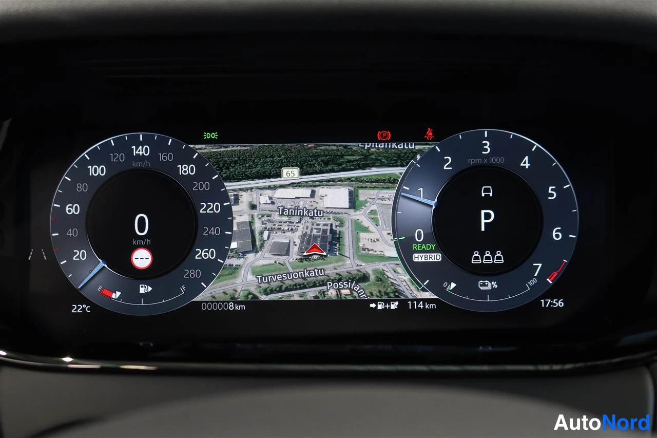 Muu: Kojetaulun digitaalinen mittaristo: nopeusmittari, kierroslukumittari, kartta, HYBRID-merkintä ja matkamittari 000008 km.