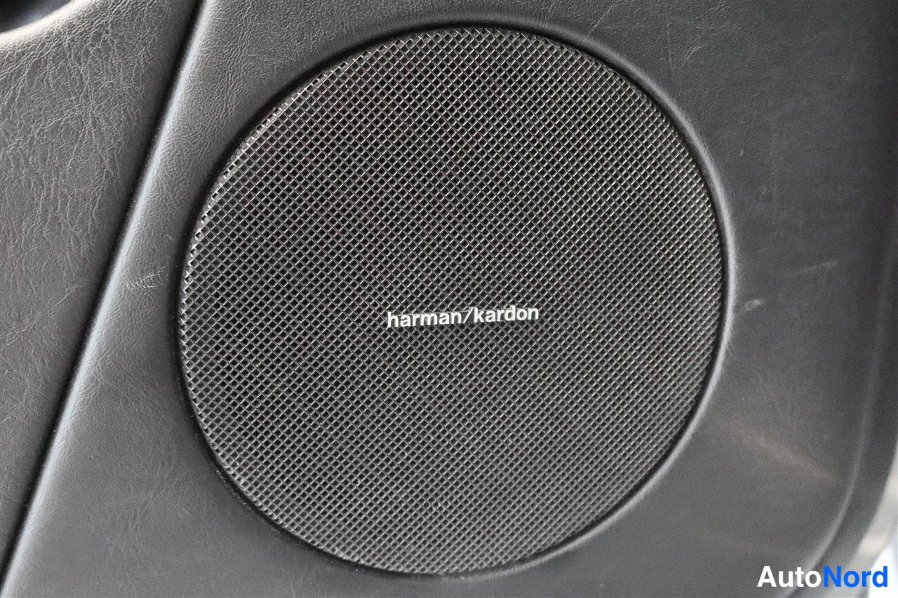 Muu: harman/kardon -tekstillä varustettu pyöreä kaiutinMusta harman/kardon-tekstillä varustettu pyöreä kaiutin ovessa.