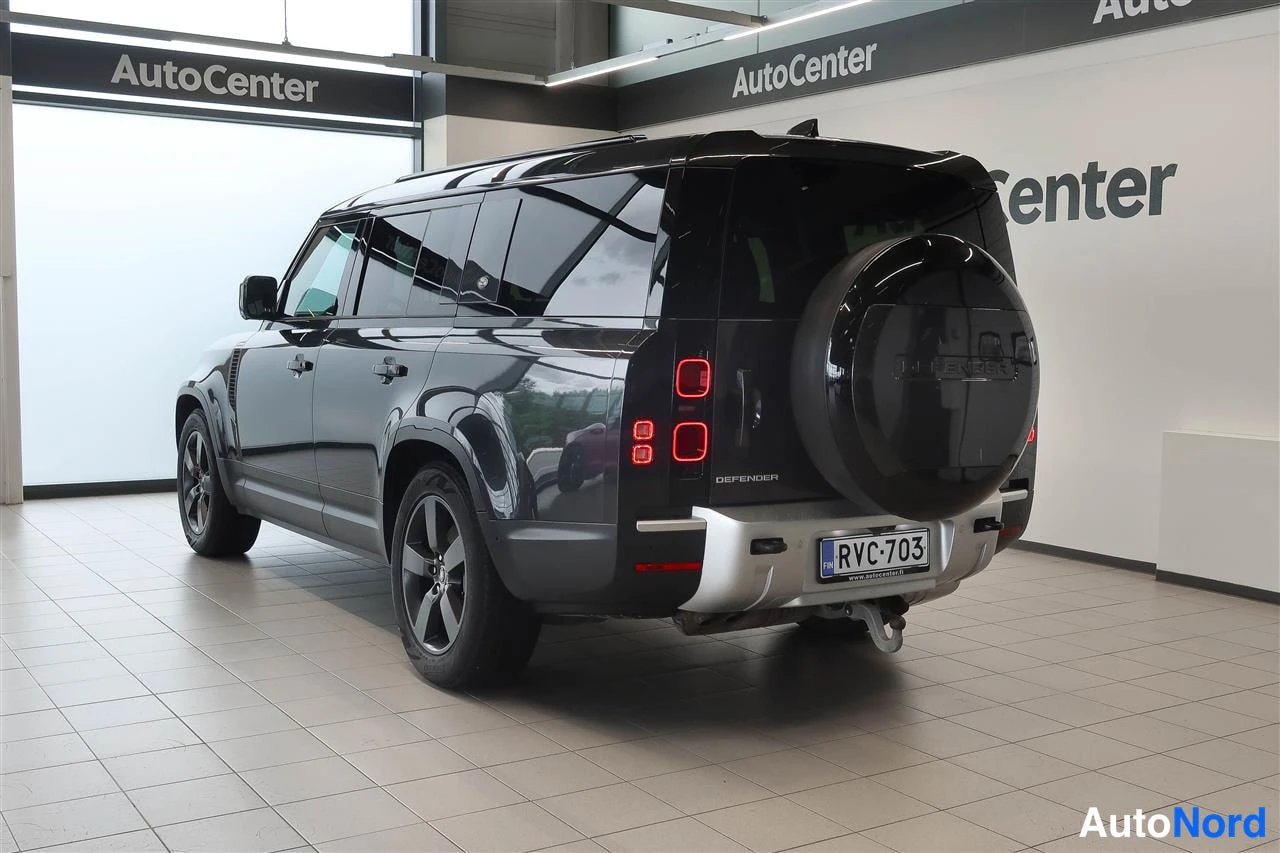 Takaviisto: Tummanharmaa Land Rover Defender takavasemmalta nähtynä showroomissa; varaosa kannettuna takaluukulla, rekisteritunnus.