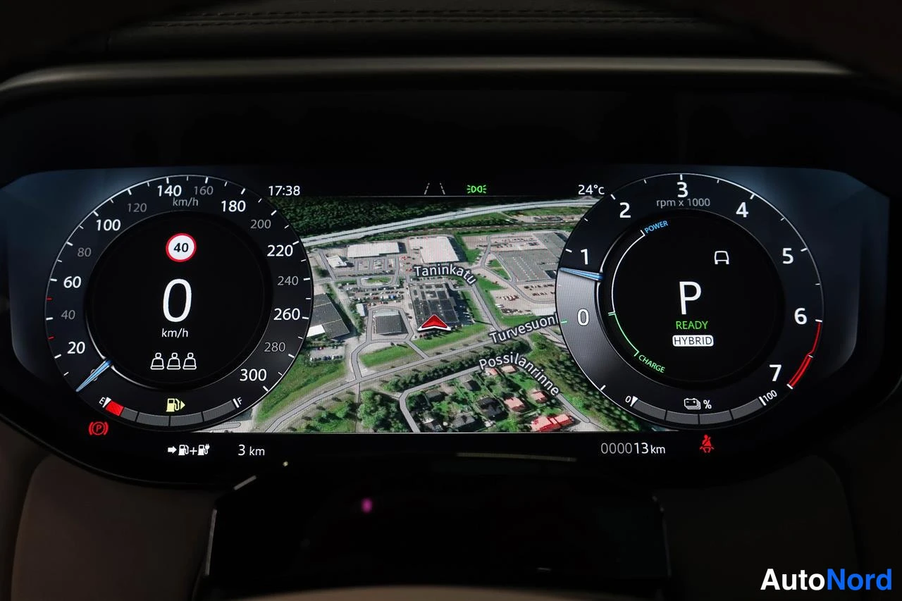 Muu: Digital dashboard: twin circular dials (km/h and rpm), map with navigation, P and READY HYBRID status, odometer reading 13 km.