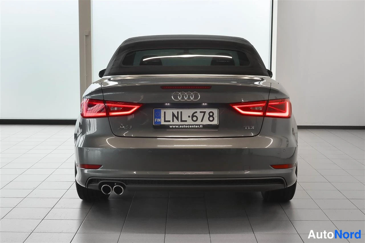 Takaa: Audi A3 Cabrioletin takaosa näkyvissä suoraan takaa; rekisterikilpi, kaksi pakoputkea ja kangaskatto ylhäällä.