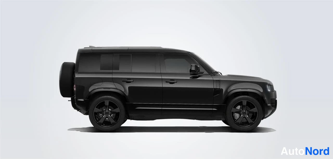 Sivulta: Land Rover Defender, musta sivuprofiili oikealta