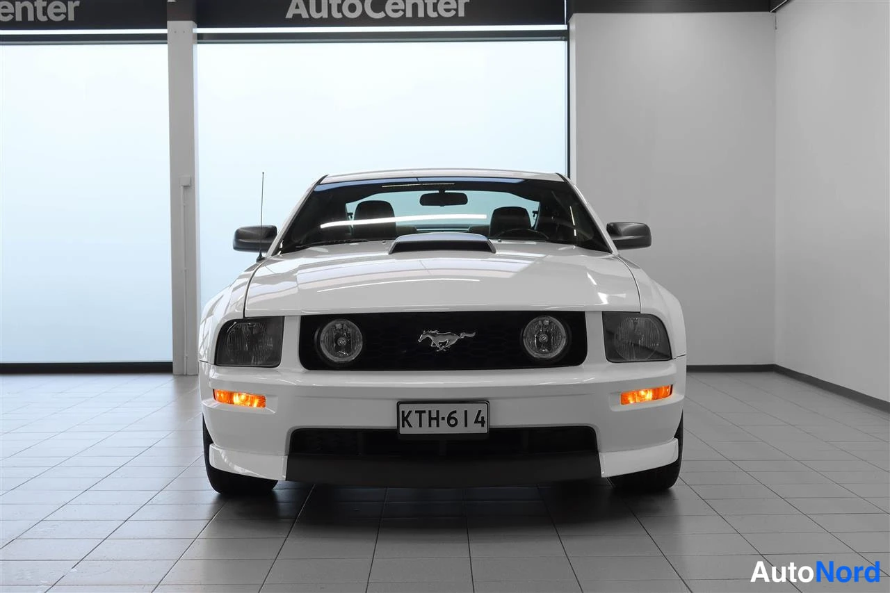 Edestä: Valkoisen Ford Mustangin etunäkymä, keulassa Mustang-merkki, sumuvalot ja rekisterikilpi.