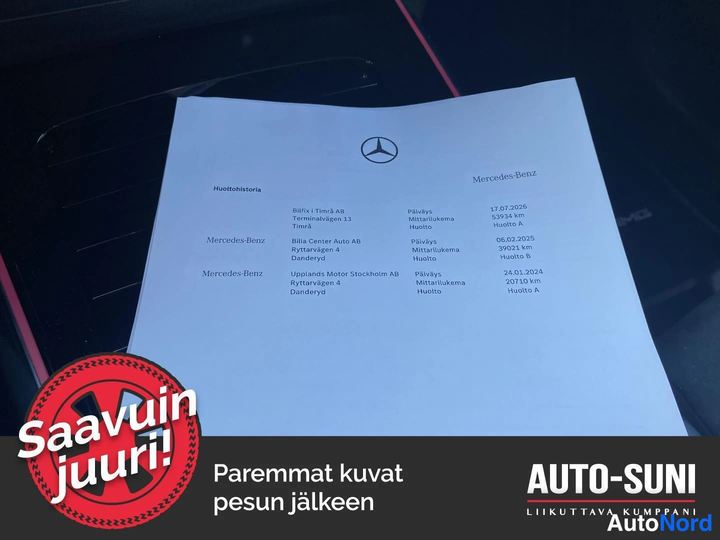 Asiakirja: Mercedes-Benzin huoltohistoria­dokumentti, jossa kolmen huollon tiedot (17.07.2026, 59334 km, Huolto A; 06.02.2025, 39021 km, Huolto B; 24.01.2024, 20710 km, Hu