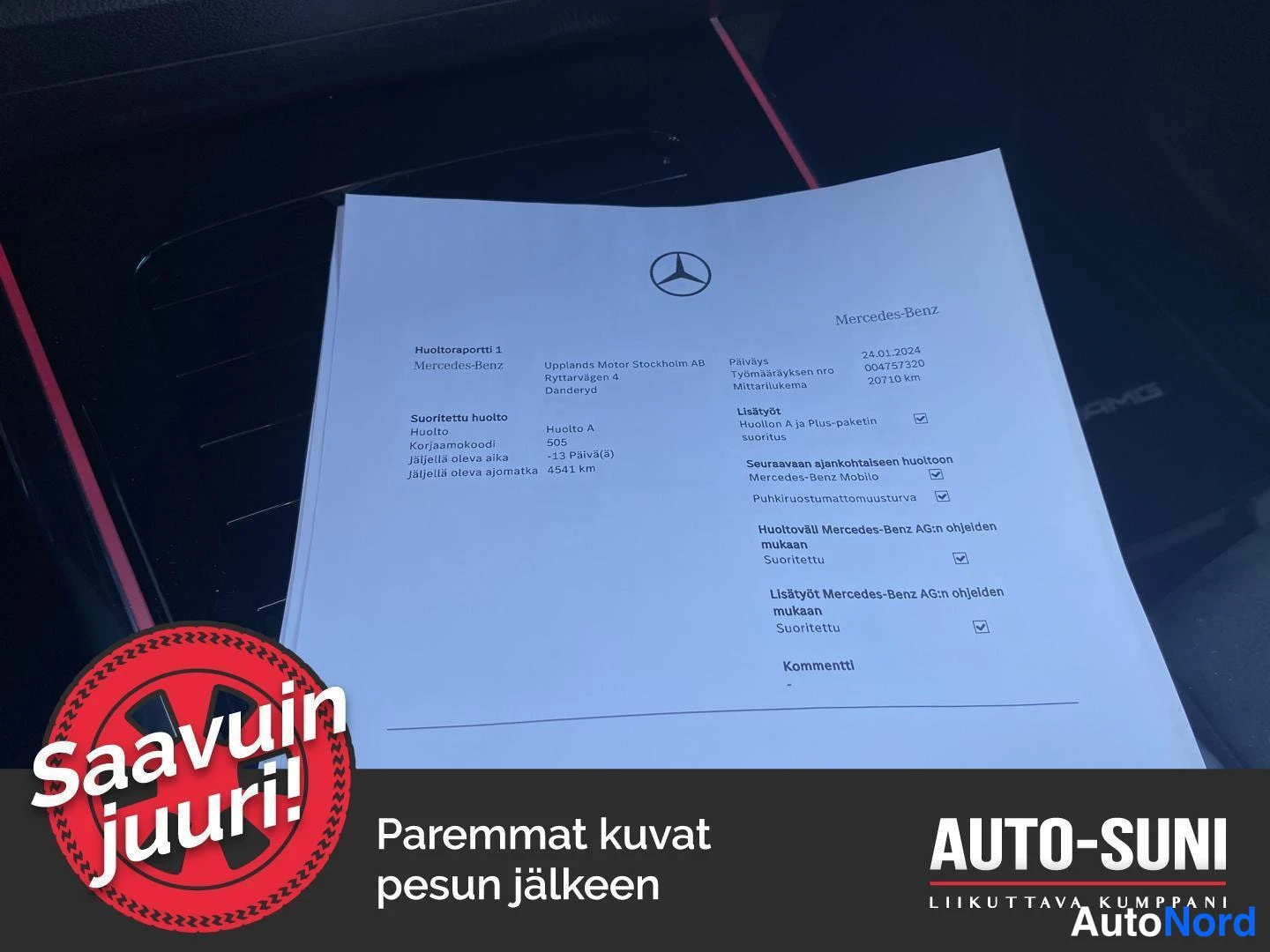 Muu: Mercedes-Benzin huoltoraportti 1 paperina auton sisällä, päiväys 24.01.2024, mittarilukema 20410 km.
