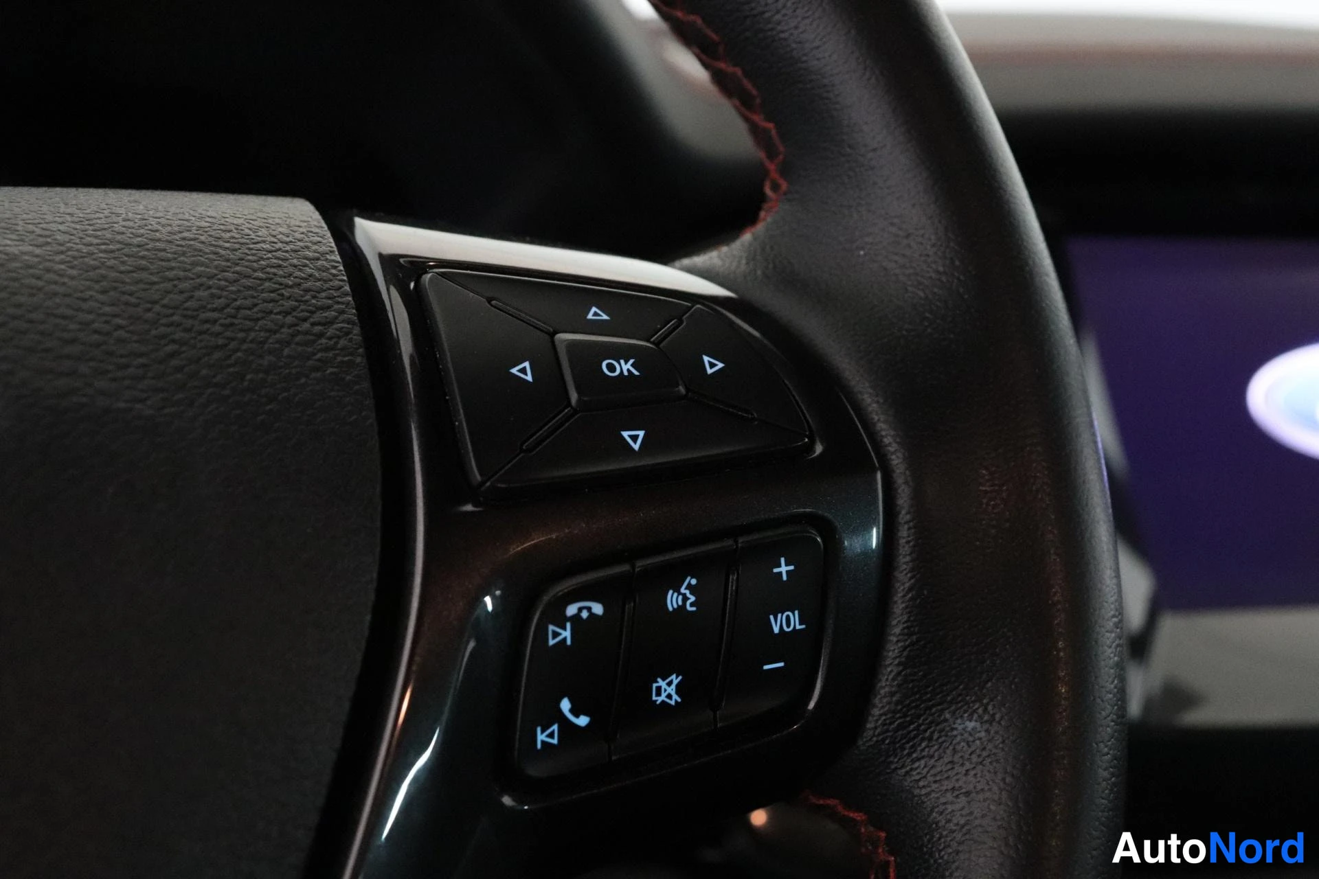 Muu: Ohjauspyörän vasemman puolen näppäimet puhelin- ja ääniohjaukseen, VOL +/- sekä näyttöauton Ford-logo taustalla